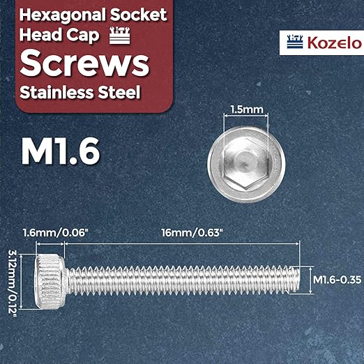 Kozelo 50pcs Socket Head Cap Screws - [M1.6-0.35 x 16mm] 304 Stainless Steel Allen Socket Drive for Electrical Motor 3D Printing Fan Engine Replacement Use, Silver