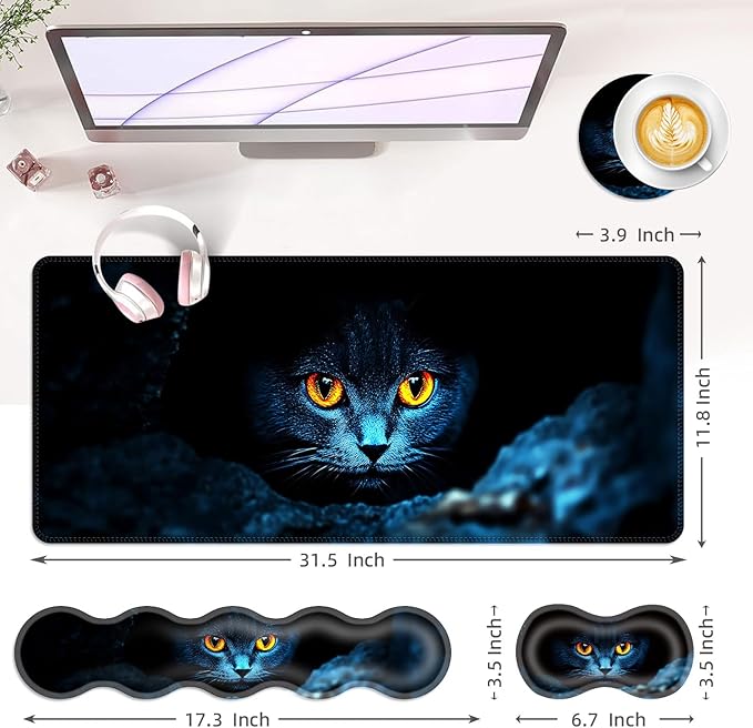 BFUKVOU Large Keyboard Mouse Pad Set, Extended Mouse Pad+Keyboard Wrist Rest Support, Memory Foam Ergonomic Easy Typing, 4Pcs (31.5×11.8 in) Desk Pad Set for Office Home,Black Cat with Glowing Eyes