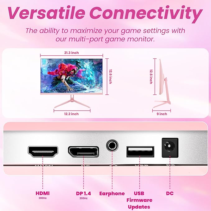SKitphrati Pink 24 inch Gaming Monitor 200Hz Refresh Rate FHD 1080p Resolution Fast IPS Panel 1ms GTG Response Time Adaptive Sync Built-in Speakers Pink Monitor
