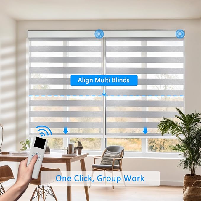 COOLWINDS Motorized Zebra Blinds for Windows Cordless Electric Curtains with Remote Control Blackout Shades Custom Smart Blinds Compatible with Alexa Google Home(Light Filtering Grey,W47 X 72in)