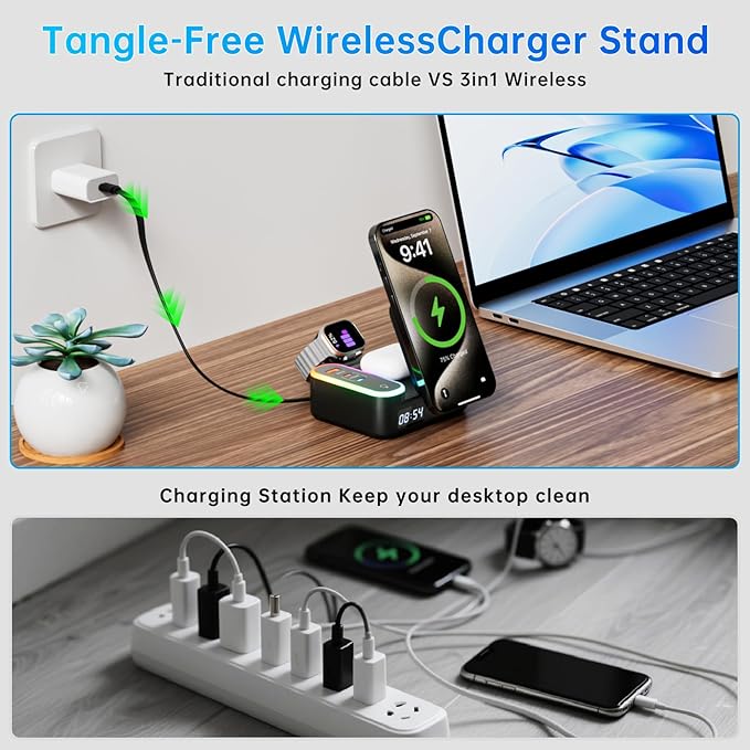Qi2 Wireless Charger 8in1 Magnetic Wireless Charger Fast Charging Station for iPhone, 65W Fast Foldable Charger with LED Clock, USB-C/A Ports, Multi-Device Charging, Travel charged, MagSafe Compatible