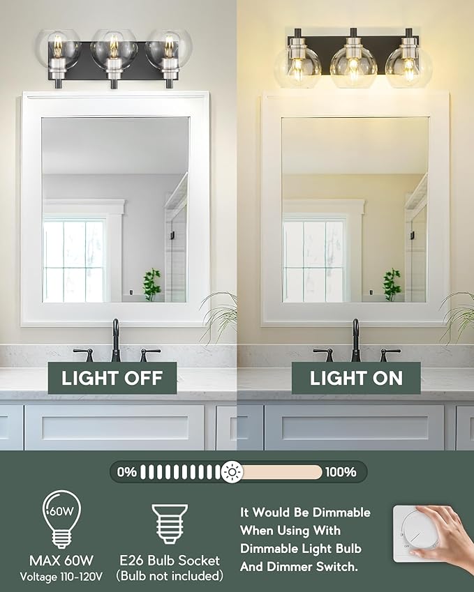 METWET Bathroom Light Fixtures, 3-Light Black and Brushed Nickel Bathroom Vanity Light, Modern Wall Sconces with Globe Clear Glass Shade, Vanity Lighting Fixtures Over Mirror, VL195-KN-3