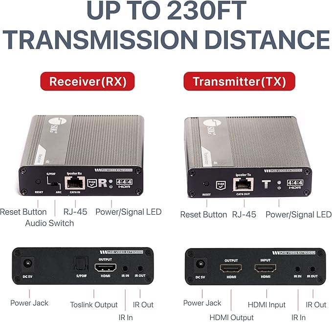 SIIG 4K HDMI Extender Balun Over CAT6/7 - Up to 230ft (70m), 4K@60Hz, Loopout, HDCP 2.2, Near Zero Latency, EDID Learning, ARC & Audio Extractor, Two-Way IR, ESD Protection (CE-H26L11-S1)