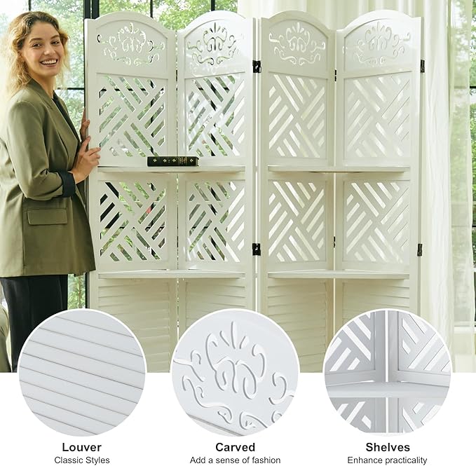 Svimi Room Divider with Shelves, 68.9inch Wood Carved and Louvered Wall Divider Freestanding, 4 Panels Folding Partition Screen for Bedroom Home Office (White)