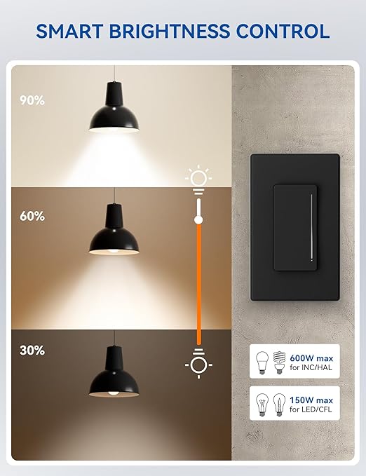 ELEGRP Smart Dimmer Light Switch DTR30, Single Pole or 3 Way, 2.4GHz Wi-Fi Touch Dimmer Compatible with Alexa/Google Assistant, Needs Neutral Wire, No Hub Required, UL and FCC Listed, Black, 6 Pack