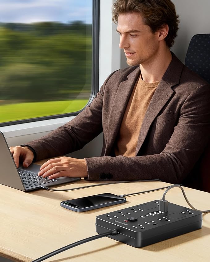 Bawmwim Surge Protector Power Strip - 8 Outlets(1850W/15A) with 6 USB Ports（2 USB C, 10FT Flat Plug Extension Cord, Wall Mount Multi Plug Outlet Extender, ETL Listed for Home, Dorm Room, Black