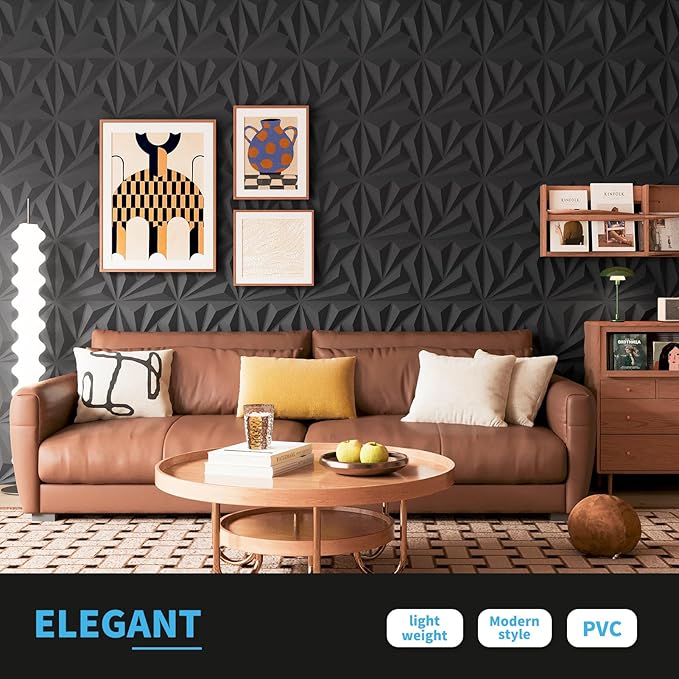 Art3d 20 Pack Decorative 3D Wall Panels 11.8 x 11.8 Inch Covering 19 Sq.ft - Glue Up PVC Wall Panels for Interior Décor, Living Room, Office and Home, Black