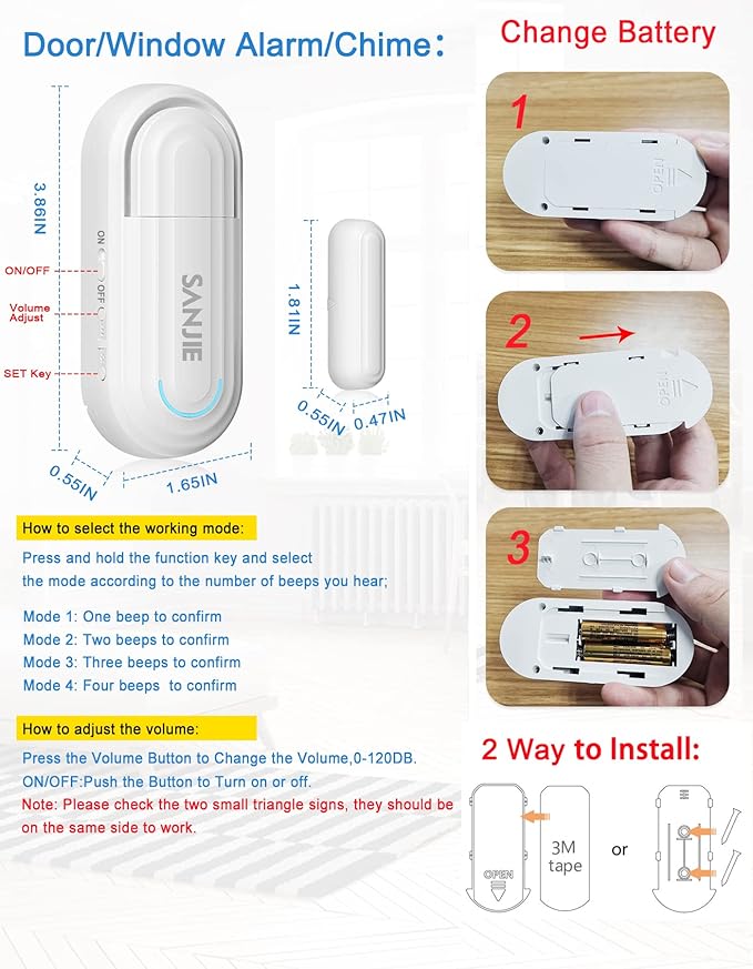 SanJie Window Alarm Sensors Door Alarms for Home Security Volume Ajustable 0-120 DB Pool Door Alarms for Kids Safety with 4 Modes Open Alarm/Close/Dingdong/Reminder Burglar Alert (5 Pack)