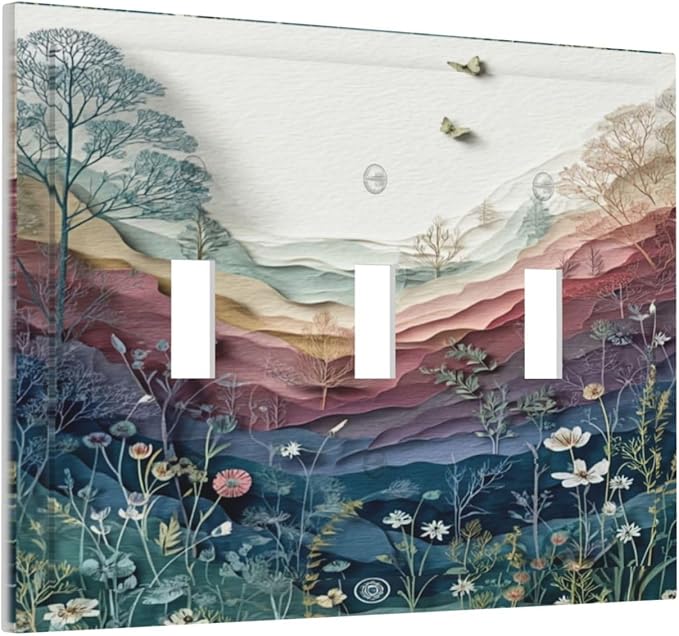 Bvtewkhz Wildflowers Rustic Flowers Floral Plants 3 Gang Triple Toggle Wall Plate Cover Vintage Mountain Decorative Light Switch Covers Electrical Faceplate Switch Plates for Bathroom Kitchen Home