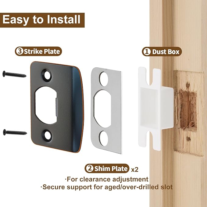 MOSECYOU Standard Door Lock Strike Plate with Spacer Shim, Oil Rubbed Bronze, Door Latch Restorer, Universal Security Striker, Repair Kits to Fix Door Won’t Latch Close