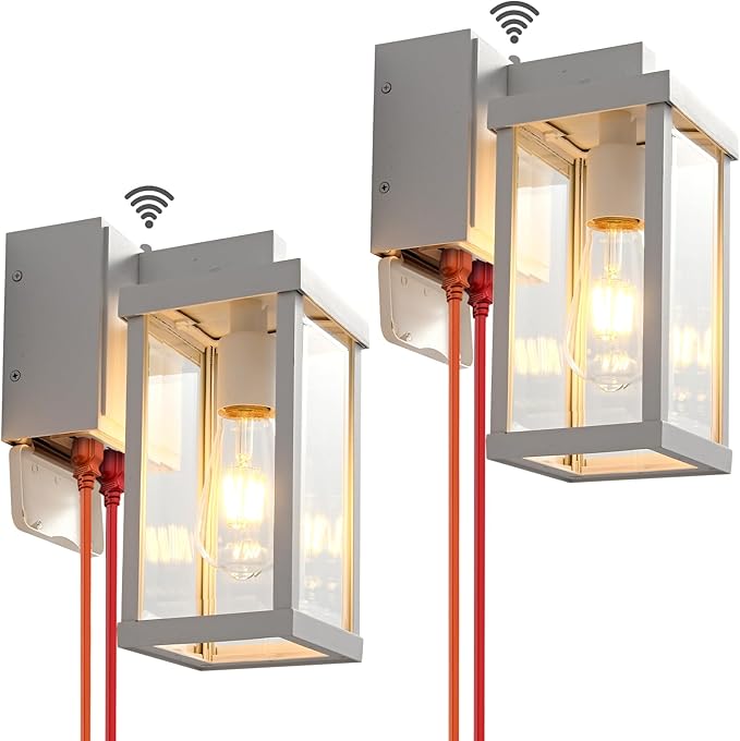 JOKAONOTL Dusk to Dawn Porch Lights with GFCI Outlets Waterproof Outdoor Wall Lights Exterior Lighting Fixtures Modern Outside Lights Wall Mount for House Patio Garage,White,11.8''H, 2 PC