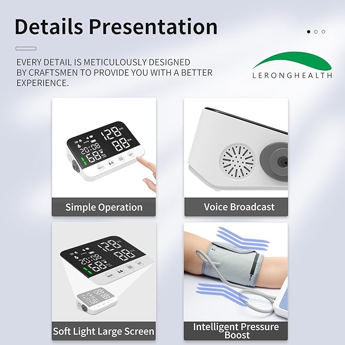 LERONGHEALTH Digital Upper Arm Blood Pressure Monitor for Home Use, Rechargeable, Large LED Display, Systolic Diastolic Pulse Reading, Voice Broadcast, 240 Memory Storage for 2 Users，FDA Cleared
