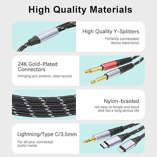 Lightning to Dual 6.35mm 1/4" TS Mono Stereo Y-Cable Splitter,3 in 1 to Dual 1/4-inch Audio Cable, Compatible with smartphones, computers, phones/Pads Amplifiers,speakers,headphones,mixing consoles