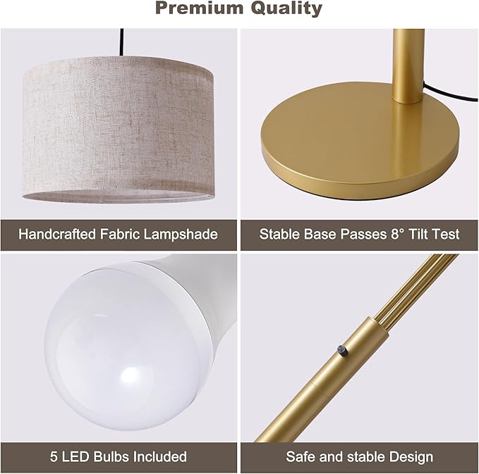 Fansdrick Gold Floor Lamps for Living Room, 4000LM Super Bright Arc Floor Lamp with Remote Control, Large Tall Floor Lamps with Stepless Dimmable, 80" Mid Century Tree Floor Lamp for Bedroom, Office