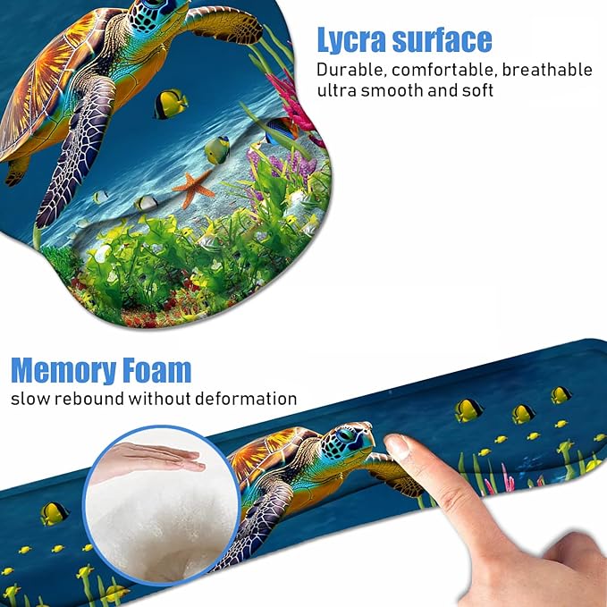 Keyboard Wrist Rest + Mouse Pad Wrist Support Set with Coasters, Non-Slip PU Base Ergonomic Mousepad for Home Office Working Studying Easy Typing & Pain Relief, Sea Turtle