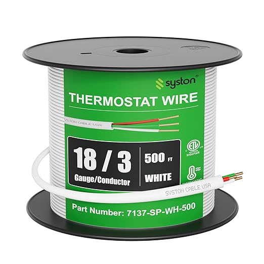 Syston 18/3 Thermostat Doorbell HVAC Heating Control Cable Wire, 100% Solid Copper Conductors CL3R/FT4/CMR Riser-Rated UL/ETL Listed, UV Resistant RoHS for Indoor/Outdoor Low Voltage Applications Use