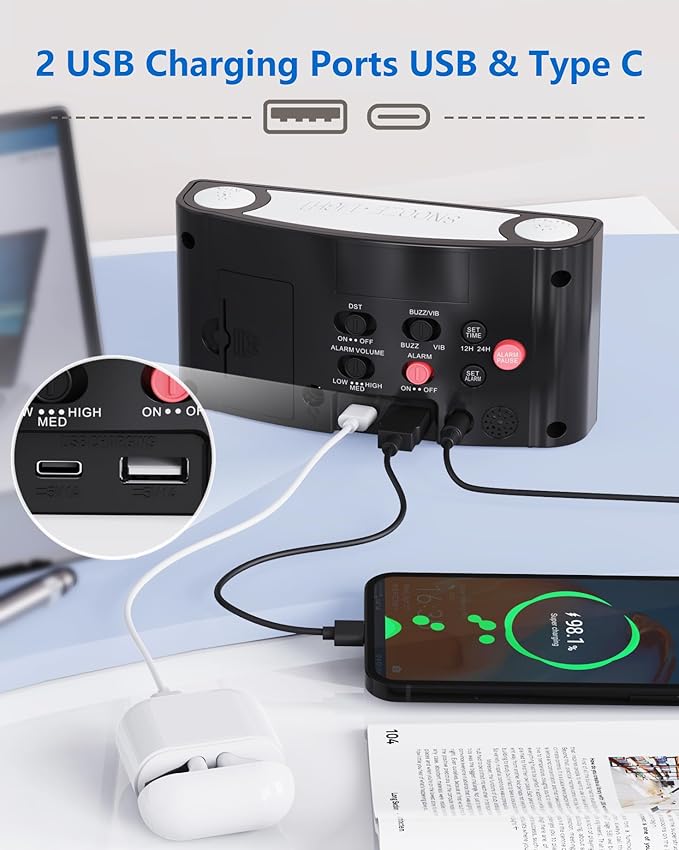 Vibrating Alarm Clock with Bed Shaker for Heavy Sleepers, Beside Clock with Night Light for Bedrooms, 2 USB Chargers,Large LED Display with Dimmer,Snooze 12/24H DST, Battery Backup