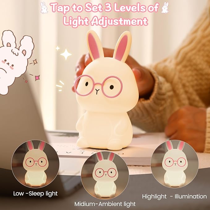 FAMIDUO Bunny Night Light, Rabbit Lamp for Kids, Rechargeable LED Nightlight for Easter Gift,Silicone Bedside Lamp with Touch Color Changing,3 Levels Dimmable/Timmer Nursery Bedroom Light,Room Decor