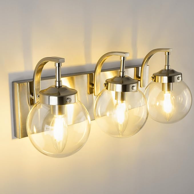 Beionxii Brushed Nickel Bathroom Light Fixtures, 3-Light Bathroom Vanity Light Over Mirror, Modern Vanity Lighting Fixtures with Clear Glass Shade for LivingRoom Hallway, BX-VL03BN-3CG
