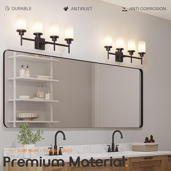 AONEON Bathroom Light Fixtures 4-Light Bathrom Vanity Lightings with White Frosted Glass Shade, Oil Rubbed Bronze Wall Lamps Over Mirror T001ORB-L4