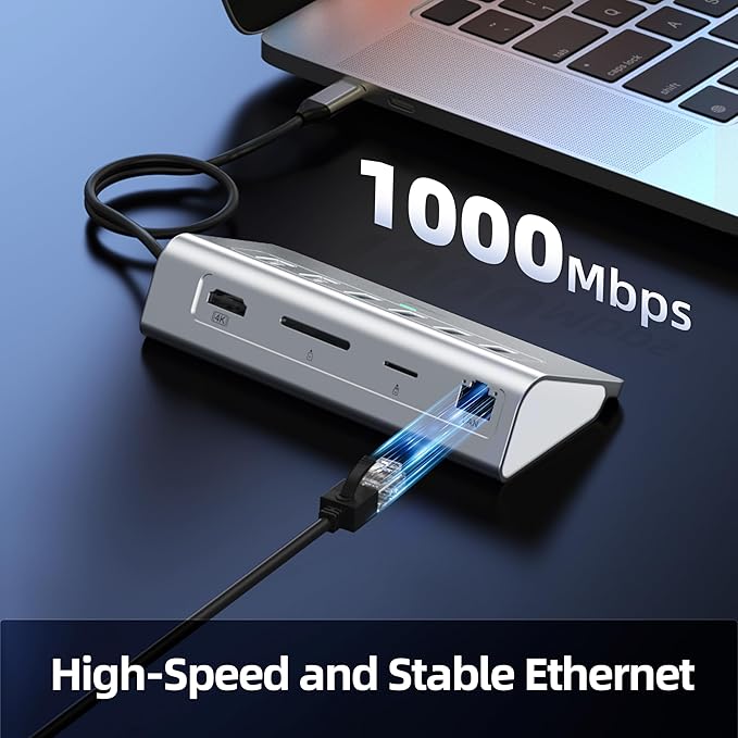 intpw P9R USB C Hub Ethernet, 10-in-1 USB-C Docking Station, Aluminum USB to Ethernet Adapter with 4K HDMI, PD 100W, 1Gbps RJ45, Type-C & 2 A 3.0 5Gbps, 2 Type-A 2.0, SD/TF Slot for MacBook, iPad