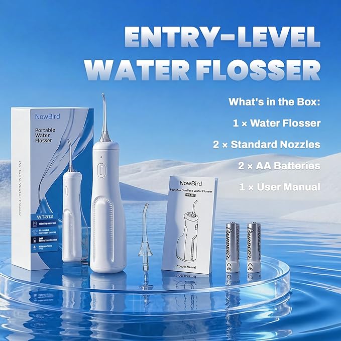 Now Bird Water Dental Flosser Teeth Pick: Portable Oral Irrigator, 3 Modes Cordless Water flosser,Battery Operated, IPX5 Waterproof Flossing Machine for Teeth Cleaning for Travel Home - White