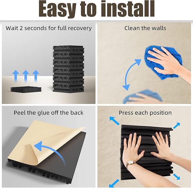 30 Pack Sound Proof Foam Panels for Walls, 12" x 12" x 2" Self-Adhesive Acoustic Panels, High-Density Soundproof Wall Panels for Studio Home and Ceilings (Black)