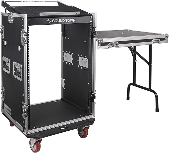Sound Town Heavy-Duty 1/2" (12mm) Plywood 16U PA/DJ Rack/Road Case with 11U Slant Mixer Top, 20’’ Rackable Depth, DJ Work Table and Casters, 16-Space Size, Pro Tour Grade (STMR-16UWT)