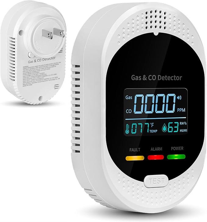 4-in-1 Carbon Monoxide & Natural Gas Detectors with Temperature/Humidity LCD Display, Plug in Co Leak Detector Propane Monitor for Home Travel RV Essentials, Sound Alarm Over 85dB, 1PCS