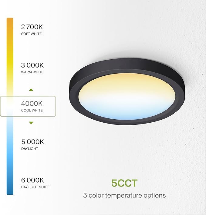 ASD LED 7" Round Flush Mount Ceiling Light Fixture, Low Profile Surface Lighting | 5CCT, Dimmable, Ultra-Thin, ETL Listed | 15W 1260LM 2700-6000K 120V | Kitchen, Bedroom, Hallway Lamp | Black