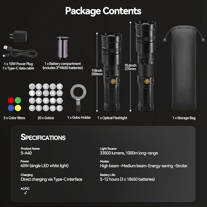 Alluneitter 40W LED Photography Flashlight Aluminum, Professional Imaging Lens, Stepless Zoom Control, 7800mAh,4 Color Light with 20 gobos for Photo, Content Creation Video Recording Accessorie