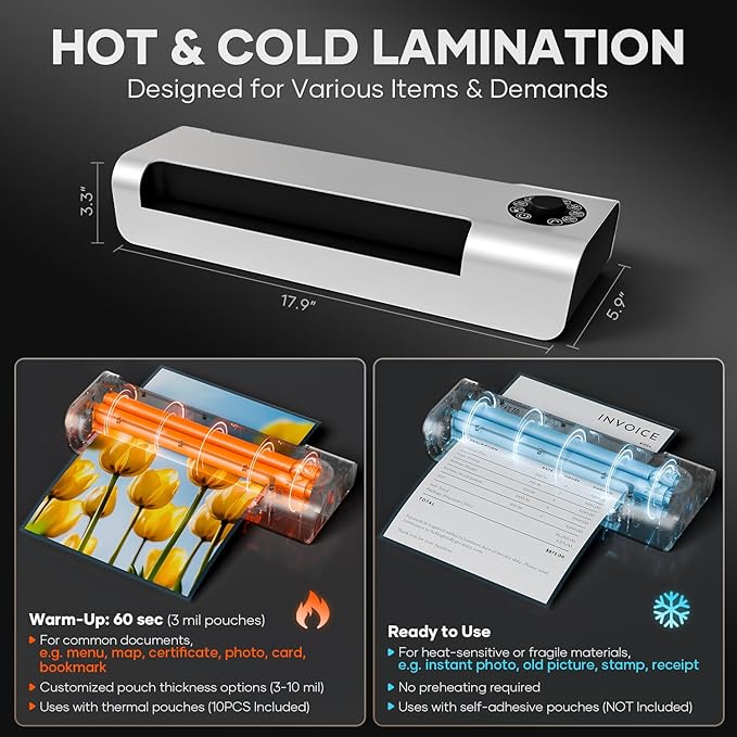 Crenova A3 Commercial Laminator Machine, 13 Inch 4-Roll Laminating Machine for 3-10mil Thickness + 10 Sheets, Hot & Cold Use, Fast 60s Warm-Up, Jam-Free for Office, School & Business, Sliver