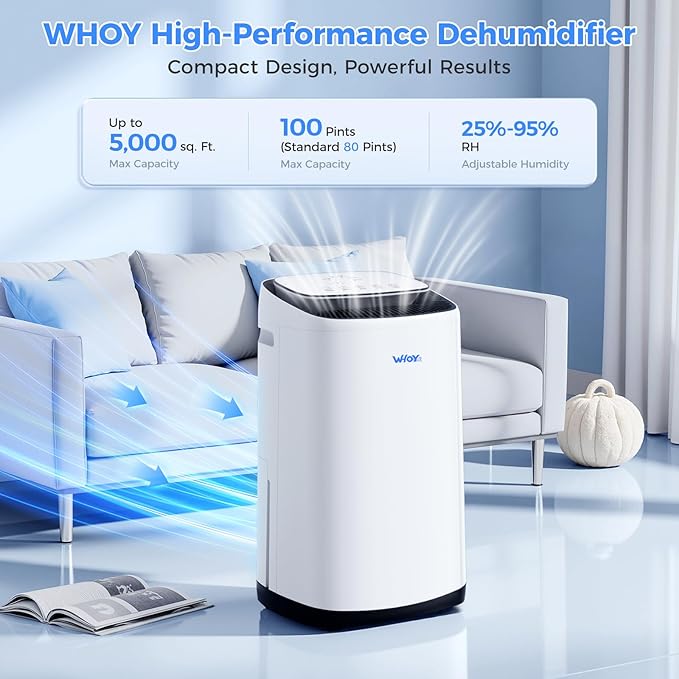 WHOY 5000 Sq.Ft Dehumidifier for Basements 100 Pints, with 2.15 Gallons Water Tank with Darin House and App Control, Smart Compressor Quiet Operation Ideal for Living room, Bathrooms,Home