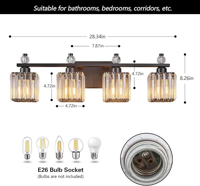 FDPBY Vanity Lights 4-Light Modern Crystal Vanity Light Sand Black Bathroom Light Fixtures Over Mirror Crystal Bathroom Vanity Lighting Fixtures