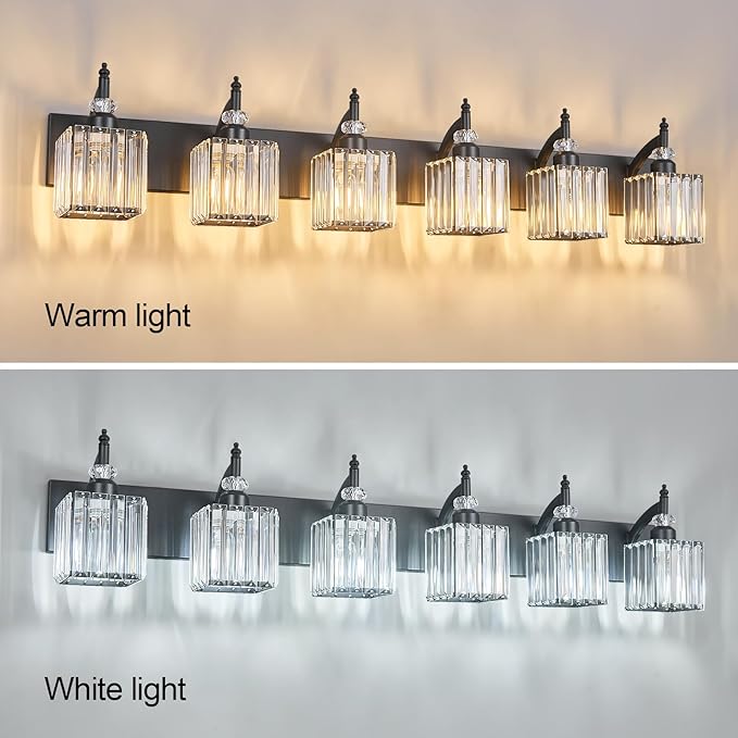 BBLLWJ Crystal Vanity Lights - Black, 6 Light Bathroom Vanity Light with Crystal Fixture, Modern Style for Bathroom Mirror