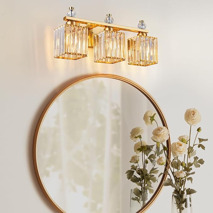 FDPBY Bathroom Vanity Lights 3-Light Modern Crystal Vanity Light Gold Bathroom Light Fixtures Over Mirror Crystal Bathroom Vanity Lighting Fixtures