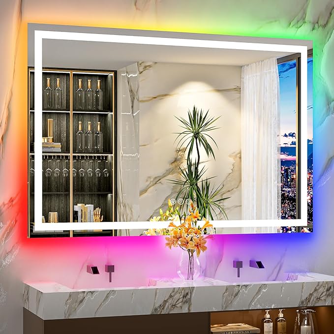 YEELAIT 60x40 Inch RGB LED Bathroom Mirror Front Light and RGB Backlit Lighted Vanity Mirror for Bathroom Wall Mounted Dimmable Anti Fog Memory Shatter-Proof IP54 Waterproof Horizontal/Vertical