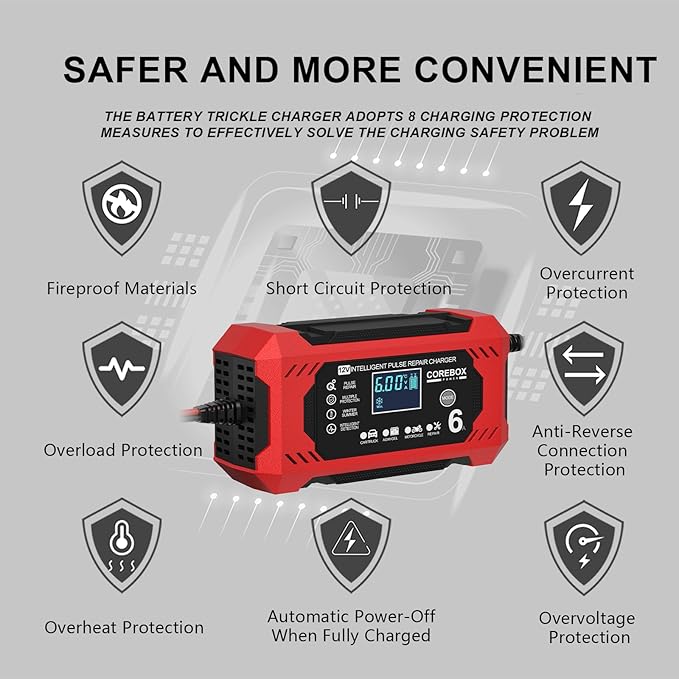 Corebox Battery Charger 6-Amp 12V Automatic Smart Battery Trickle Charger, Battery Maintainer Desulfator with Temperature Compensation for Car Truck Motorcycle Lawn Mower Marine