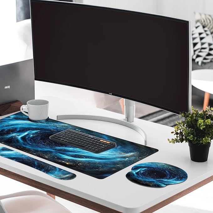 Britimes Blue Black Galaxy Keyboard Mouse Pad Set Desk Ma Space Abstract 4in1 Large Mousepad+Keyboard Wrist Rest+Mouse Wrist Rest+Coaster Ergonomic Design for Home Office Computer 35.4x15.7 inches