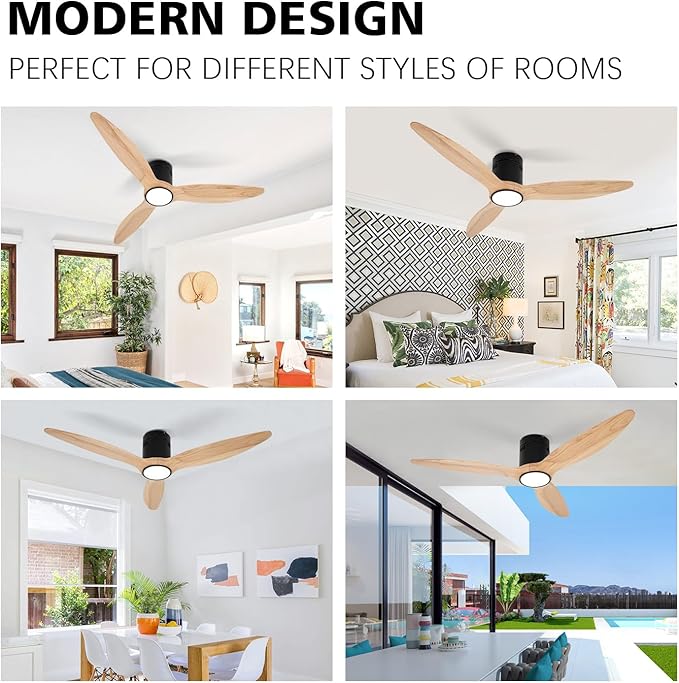 OUATER Wood Flush Mount Ceiling Fan with Light,52 inch Low Profile Modern Ceiling Fans for Outdoor/Patios/Bedroom/Office,3 color light,6 Speed,DC Motor,Wood and Modern Matte Black