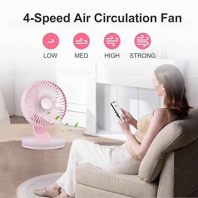 MAWFOZIN Small Desk Fan With Night Light, Auto Oscillating Table Fan With 3000mAh Rechargeable Battery, USB Personal Fan With 4 Speeds Wind, Adjustable Fan For Home, Office Bedroom, Camping (pink)