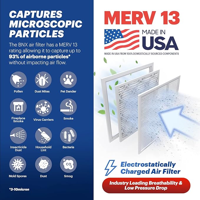 BNX TruFilter 10x10x1 Air Filter MERV 13 (6-Pack) - MADE IN USA - Electrostatic Pleated Air Conditioner HVAC AC Furnace Filters for Allergies, Pollen, Mold, Bacteria, Smoke, Allergen, MPR 1900 FPR 10