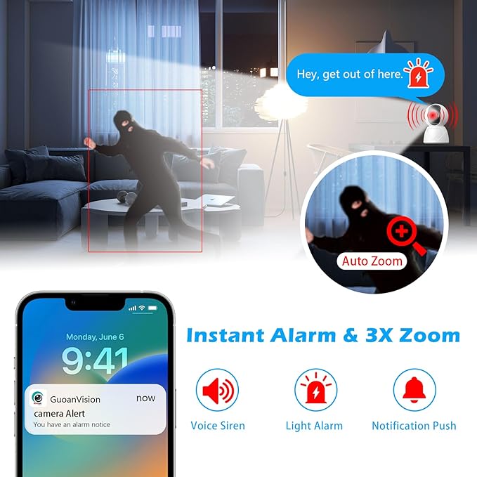 GUOANVISION 3MP Indoor Security Camera, 5G WiFi 360° Pan/Tilt Home Cameras for Baby Monitor/Pet/Elder/Kids/Bedroom, Auto-Focus and Zoom,Motion Tracking,2-Way Audio,Siren,3 Night Vision,Cloud&SD Card