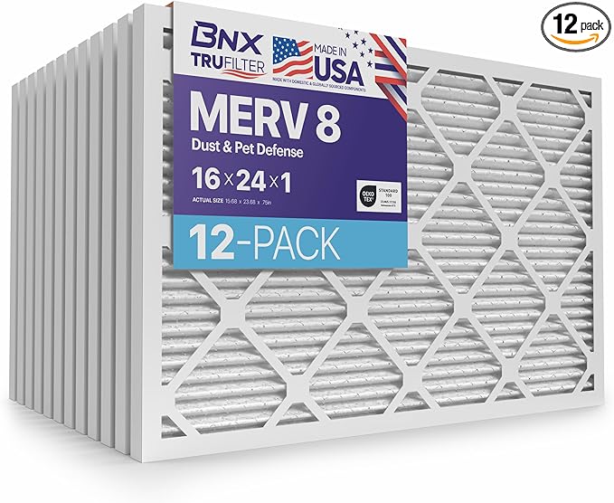 BNX TruFilter 16x24x1 Air Filter MERV 8 (12-Pack) - MADE IN USA – Dust & Pet Defense Pleated Air Conditioner HVAC AC Furnace Filters for Dust, Pet, Mold, Pollen MPR 600 – 700 & FPR 5
