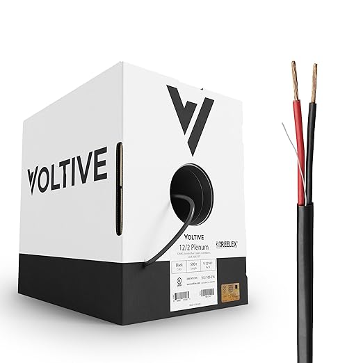 Voltive 12/2 Speaker Wire, Plenum CL3P, Black, 500ft - 12AWG, 2 Conductors, Stranded Oxygen-Free Copper, UL Listed - V-1214-1