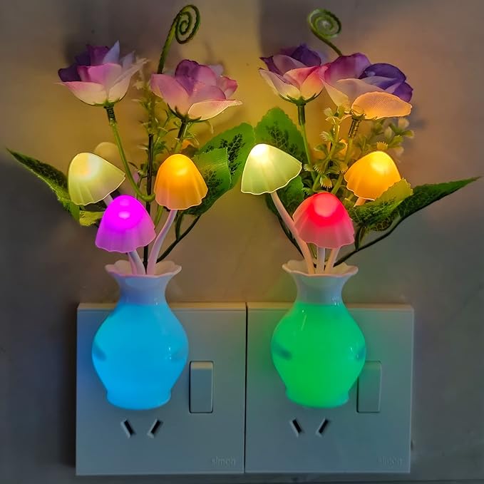 AUSAYE 3Pack Sensor Night Lights Plug into Wall Rose Flower Light, Led Lamp Dream Nightlight Mushroom Night Lights for Kids Adults Room,Bathroom,Kitchen,Hallway