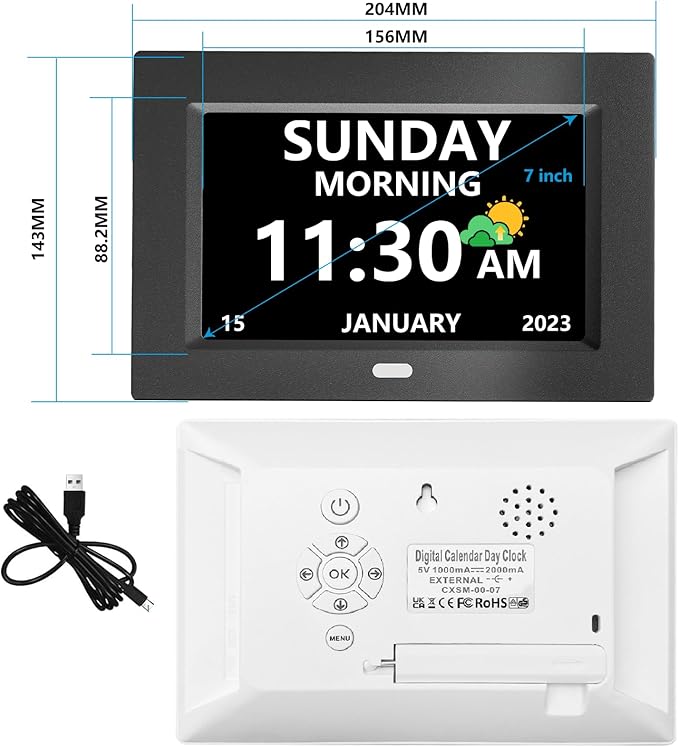 MRCHYDZ 7 Inch Clock with Day and Date for Elderly Large Display Digital Clocks 12 Alarms 3 Display Modes Large Font Alzheimer's Clock Alarm Clocks for Seniors Auto DST Black
