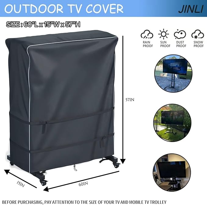 JINLI 60-65 inch outdoor TV trolley cover, courtyard TV cover, Oxford fabric waterproof and dustproof, triple windproof design, compatible with rolling/mobile stand