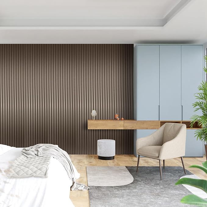 Art3dwallpanels Slat Wall Paneling, 104'' x 6.3'' Glossy Metal Finish WPC Soundproof 3D Wall Panels for Interior Wall Decor, 8 Pack Wavy Grain Panel Wall Slats, Brushed Brown