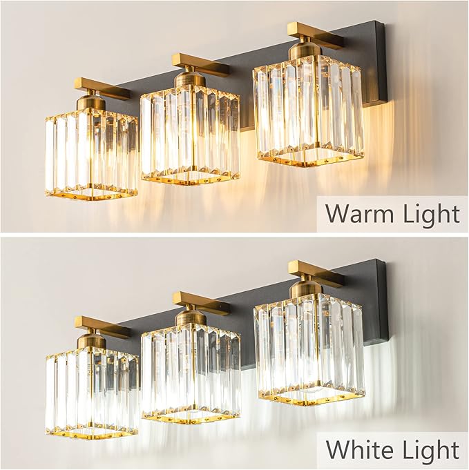 FDPBY Modern Bathroom Vanity Light 3-Lights Black Gold Crystal Bathroom Wall Light Vanity Light Fixtures，20.47-inch Modern Minimalist Design